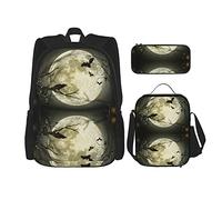 Set di zaini 3 pezzi Borsa da scuola Studenti Adolescenti (cool pipistrello corvo corvo luna piena) Borsa per libri + Pranzo al sacco + Astuccio per matite Zaino carino College Lavoro Palestra Escur