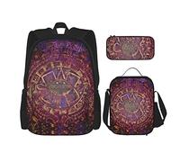 Set di zaini 3 pezzi Borsa da scuola Studenti Adolescenti (Mandala Native American Aztec Calendar Mayan Luck Sign) Borsa per libri + Pranzo al sacco + Astuccio per matite Zaino carino College Lavoro
