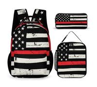 Set di zaini con bandiera americana retrò vintage, sottile linea rossa, con porta pranzo e borsa per cosmetici, zaino da viaggio per laptop, set casual da giorno