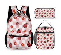 Set di zaini da viaggio con borsa per il pranzo e borsa portaoggetti, graziosi zaini a quadri rosa e rossi con coccinella, con porta pranzo e beauty case
