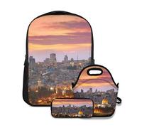 Set di zaini per la scuola, centro storico di Gerusalemme Centro storico Israele crepuscolo, con borsa per il pranzo e zaino per ragazzi