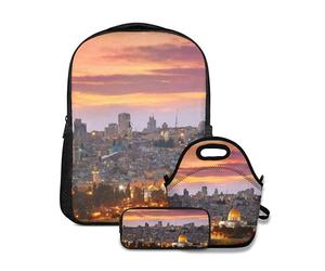 Set di zaini per la scuola, centro storico di Gerusalemme Centro storico Israele crepuscolo, con borsa per il pranzo e zaino per ragazzi