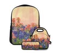 Set di zaini per la scuola,Texas bluebonnet e fiori selvatici indiani pennello fiore sul prato in primavera, con borsa per il pranzo e astuccio per adolescenti