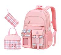 Set di zaini scolastici leggeri per ragazze, con zaino, matita e borsa per il pranzo, zaino scolastico, 3 pezzi, adatto per le classi 1-4, età 5-15, Colore: rosa., L