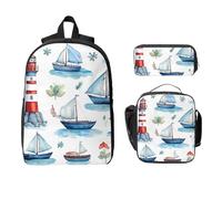 Set di zaino con barca a vela con faro per ragazze e ragazzi, con borsa per il pranzo, astuccio per matite nautico mare, 3 pezzi, borse per la scuola, isolanti, regali per donne e uomini