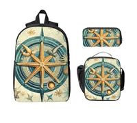 Set di zaino con bussola nautica per ragazze e ragazzi, con borsa per il pranzo, astuccio per matite e matite retrò con stella marina, 3 pezzi, borse per la scuola, isolate, regalo per donne e uomini