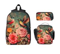 Set di zaino con colibrì per ragazze e ragazzi, con borsa per il pranzo, astuccio per matite primaverile, peonia, 3 pezzi, borse per la scuola, isolanti, regali per donne e uomini