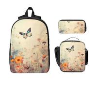 Set di zaino con fiori e farfalle, per ragazze e ragazzi, con borsa per il pranzo, astuccio vintage floreale, 3 pezzi, borsa per la scuola, isolata, regalo per donne e uomini