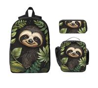 Set di zaino con foglie di bradipo per ragazze e ragazzi, con borsa per il pranzo, astuccio per matite, giungla tropicale, 3 pezzi, borse per la scuola, isolate, regalo per donne e uomini