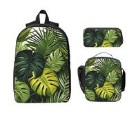 Set di zaino con foglie tropicali della giungla per ragazze e ragazzi, con borsa per il pranzo, astuccio, foglie di palma, 3 pezzi, borse per la scuola, isolanti, regali per donne e uomini