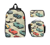 Set di zaino con macchina da corsa, per ragazze e ragazzi, con borsa per il pranzo, astuccio vintage, 3 pezzi, borsa per la scuola, isolante, regalo per donne e uomini