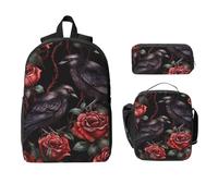 Set di zaino con rosa rossa di Halloween per ragazze e ragazzi con borsa per il pranzo astuccio nero corvo 3 pezzi borse scolastiche isolate per il pranzo regali per donne uomini