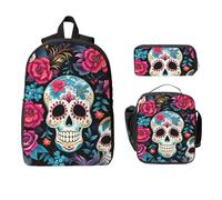 Set di zaino con scheletro di zucchero, per ragazze e ragazzi, con borsa per il pranzo, astuccio per matite con teschio del giorno dei morti, 3 pezzi, borse scolastiche isolate, regalo per donne e