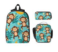 Set di zaino con scimmia a banana, per ragazze e ragazzi, con borsa per il pranzo, astuccio per matite e foglie di palma, 3 pezzi, borse per la scuola, isolato, regalo per donne e uomini