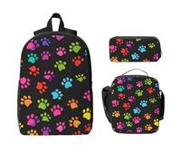 Set di zaino con stampa di zampe arcobaleno per ragazze e ragazzi con borsa per il pranzo astuccio per matite impronte di cane 3 pezzi borse scolastiche isolate per il pranzo regali per donne uomini