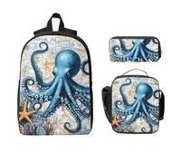 Set di zaino con stella marina e polpo oceano, per ragazze e ragazzi, con borsa per il pranzo, astuccio con mappa nautica, 3 pezzi, borse per la scuola, isolanti, regali per donne e uomini