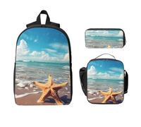 Set di zaino con stella marina e spiaggia per ragazze e ragazzi, con borsa per il pranzo, astuccio per matite oceano, 3 pezzi, borse per la scuola, isolanti, regali per donne e uomini
