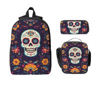 Set di zaino con teschio del giorno dei morti, per ragazze e ragazzi, con borsa per il pranzo, astuccio, scheletro, fiore, 3 pezzi, borse per la scuola, isolate, regalo per donne e uomini