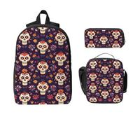 Set di zaino con teschio messicano per ragazze e ragazzi, con borsa per il pranzo, astuccio per matite e scheletro, 3 pezzi, borse per la scuola, isolate, regalo per donne e uomini