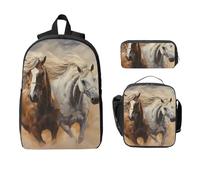 Set di zaino da corsa con cavalli per ragazze e ragazzi, con borsa per il pranzo, astuccio per matite, animali della fattoria, 3 pezzi, borse per la scuola, isolato, regalo per donne e uomini