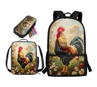 Set di zaino e borsa per il pranzo con stampa di margherite e bestiame per bambini, zaino leggero da 43 cm e astuccio, borsa per libri per studenti per scuola materna elementare, Gallo Margherita