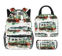Set di zaino per la scuola con borsa per il pranzo e astuccio, set da 3 pezzi, zaino da viaggio, zaino casual per adolescenti, ragazze, ragazzi, primaria, junior, media, verde, retrò, vagone
