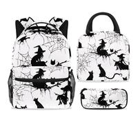 Set di zaino per la scuola con borsa per il pranzo e astuccio, set da 3 pezzi, zaino da viaggio, zaino casual per adolescenti, ragazze, ragazzi, primaria, junior, medio, Halloween, gatto nero, strega