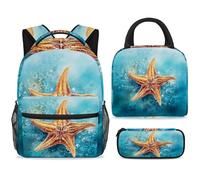 Set di zaino per la scuola con borsa per il pranzo e astuccio, set da 3 pezzi, zaino da viaggio, zaino casual per adolescenti, ragazze, ragazzi, primaria, junior, medio, stella marina nell'oceano