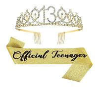 Set Diadema e Sciarpa Compleanno 13 Anni - Sciarpa Adolescente Argento Corona Cristallo Regalo Festa per Ragazze Accessori Compleanno 13 Anni, L, Strass, Diamante creato