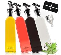 Set dispenser per aceto e olio - (Madeira) 4 bottiglie da 500 ml in vetro con imbuto in metallo ed etichette per l'etichettatura | a prova di perdite e senza gocciolamenti | con tappo antisporco