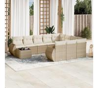 Set Divani da Giardino 11 pz con Cuscini Beige in Polyrattan, Outdoor Garden Furniture with Removable Cushions, Modular Rattan Sofa for Patio Terrace Balcony, Weather Resistant with Glass Table