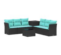 Set Divani Esterni 8 Pezzi Poly Ratan Nero e Blu con Tavolino | Design modulare, superfici acacia, cassapanca di manutenzione, resistente alle intemperie, stile moderno