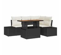 Set Divano da Giardino 5 Pezzi in Polyrattan Nero e Crema con Cuscini | Design modulare, piedi regolabili, stoccaggio integrato, struttura in acciaio, legno acacia, uso primaverile ed estivo