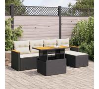 Set Divano da Giardino 6 pz con Cuscini Nero Polyrattan Acacia Salottino Da Esterno Tavolo Esterno Con Sedie Salotto Da Giardino Esterno Salottino Da Giardino Esterno per Terrazza Balcone Giardino