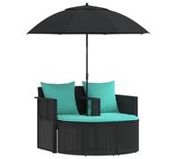 Set Divano da Giardino 8 Pezzi Polyrattan Nero Turchese con Ombrellone | Resistente ai raggi UV, cuscini poliestere sfiato, ombrellone inclinabile, uso tutto l'anno, stile moderno