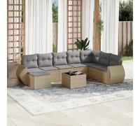 Set Divano da Giardino 9 Pezzi con Cuscini Beige in Polyrattan, Outdoor Garden Sofa Set with Glass Table, Modular Furniture for Patio Terrace, Weather Resistant PE Removable Washable Cushions