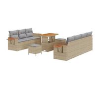 Set Divano da Giardino da 10 Pezzi con Cuscini Beige in Polyrattan e Acacia