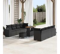 Set divano da giardino nero in polyrattan divano modulare per terrazza | piano del tavolo in legno di acacia, cuscini rimovibili, resistente ai raggi UV, struttura leggera, materiali facili da