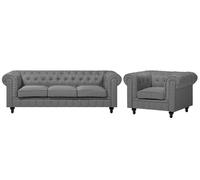 Set divano e poltrona 4 posti in tessuto grigio Chesterfield