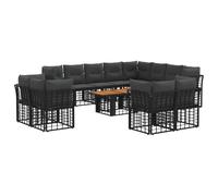 Set Divano Giardino 13 Pezzi Nero Grigio Scuro Polyrattan con Piano Acacia | Modulo componibile, cuscini con fodera lavabile, piano legno acacia, resistente agli agenti atmosferici