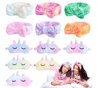 Set divertente per pigiama party, 12 pezzi, fasce per capelli con fiocco e maschere per dormire con simpatici animali, coperture per occhi in peluche e fasce per il lavaggio del viso, per donne e
