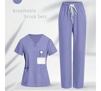 Set divisa: Camicetta con scollo a V e maniche corte, Pantaloni casual a gamba dritta con laccio, Set camici da lavoro L,M,S,XL,XSBlocchi di colore,LettereTessuto intrecciato