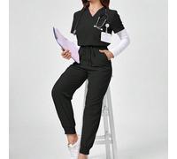 Set divisa sanitaria con top a scollo a V in tinta unita e maniche corte e pantaloni con tasche L,M,S,XL,XSColore unicoTessuto intrecciato