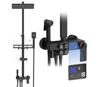 Set doccia 4 in 1 con termostato - Colonna doccia con miscelatore termostatico, soffione 33 cm, doccetta 3 modalità, pistola & bocca vasca, LED, controllo a 4 tasti, altezza regolabile, mensola