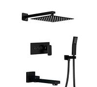 Set doccia a 3 funzioni, soffione doccia quadrato da 25,4 cm, con miscelatore a pioggia con doccetta cromata cromata da 30,5 cm (nero, 30,5 cm)