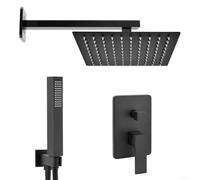 Set doccia a incasso completo nero opaco con deviatore, soffione quadrato 20 cm e kit doccia completo con presa acqua e laccio, KUBO