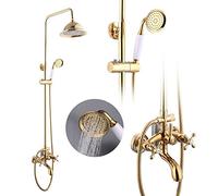 Set doccia anticato, sistema doccia a pioggia, rubinetto, doccetta in stile retrò, stile nostalgico, moderno, set doccia a parete, miscelatore con soffione rotondo, miscelatore oro
