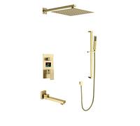 Set Doccia con Miscelatore per Sistema Doccia, Display Digitale a Parete in Oro Spazzolato Set Doccia con Miscelatore a Pioggia per Bagno a LED con soffione a Pioggia Quadrato da 10-12 Pollici e