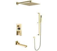 Set Doccia con Miscelatore per Sistema Doccia, Display Digitale a Parete in Oro Spazzolato Set Doccia con Miscelatore a Pioggia per Bagno a LED con soffione a Pioggia Quadrato da 10-12 Pollici e