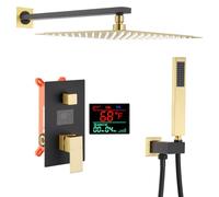 Set doccia con rubinetto, display digitale, sistema doccia a pioggia, set doccia completo a parete nero e oro spazzolato con soffione doccia a pioggia da 12 pollici e soffione doccia portatile